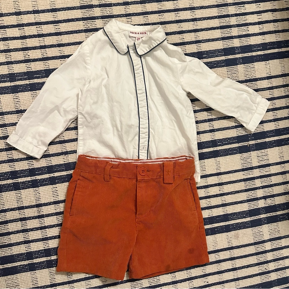 Boys neck & neck  white shirt and orange corduroy short set - size 12m